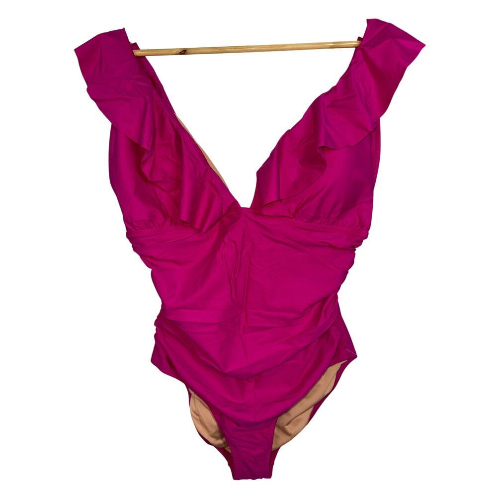 NWT J.Crew Ruched Ruffle One-Piece Swimsuit Radiant Fuchsia Pink Womens Size 16